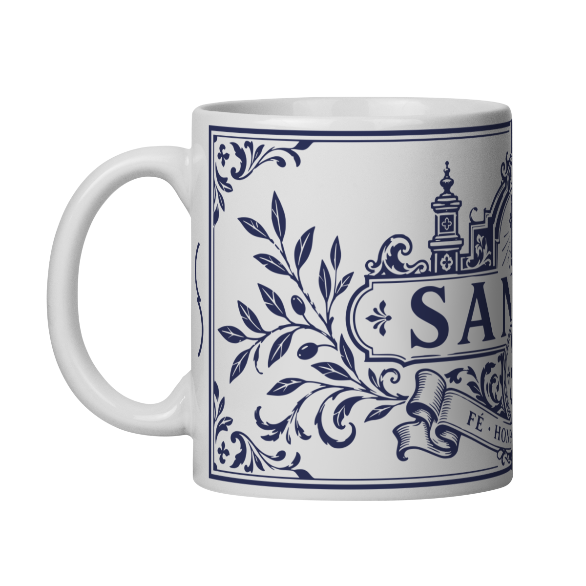 Mockup de Caneca V1 em vista com alça à esquerda